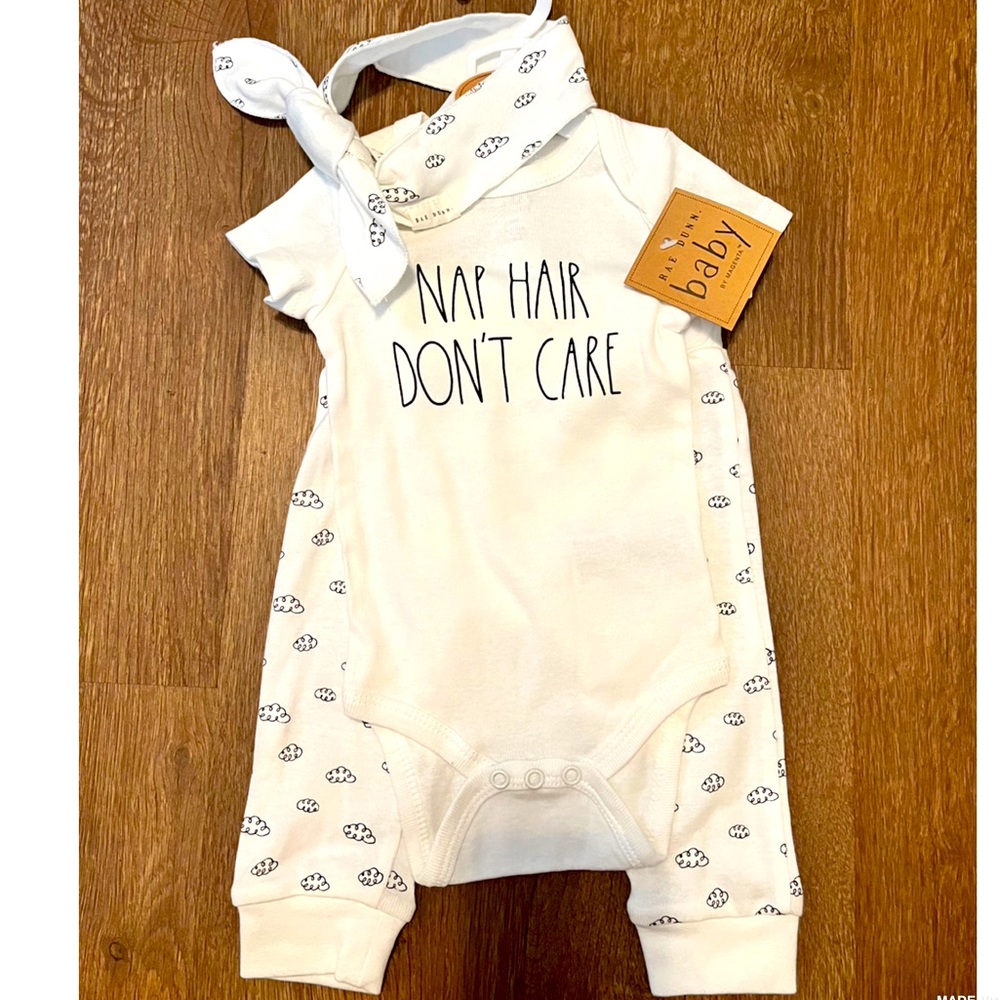 Rae Dunn NWT 3-6M Nap Hair Don’t Care Onesies Pants Set